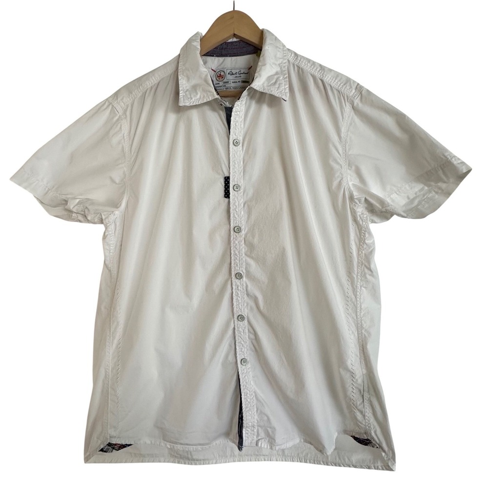Robert Graham Jeans Men White Short Sleeve Tailored Fit Button Down Shirt Size L